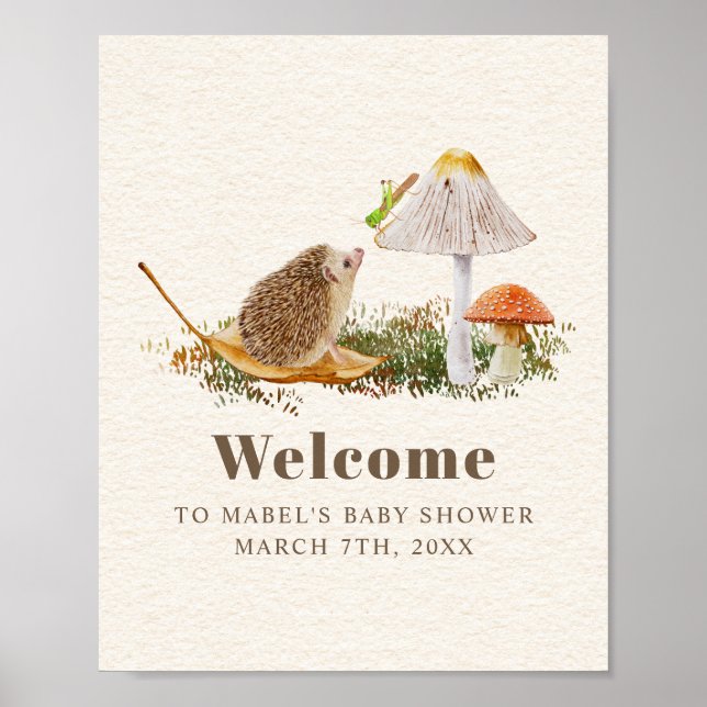 Hedgehog Grasshopper Mushroom Woodland Baby Shower Poster (Front)
