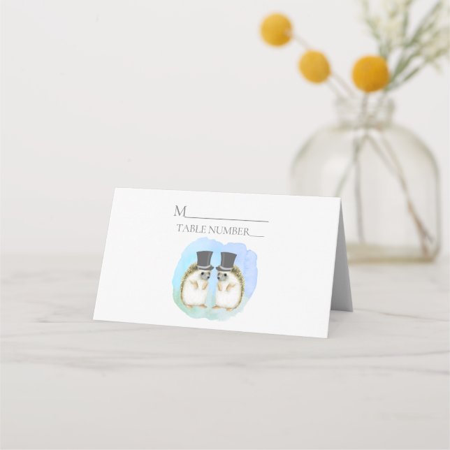 Hedgehog Grooms Gay Couple Wedding Place Card (Front)