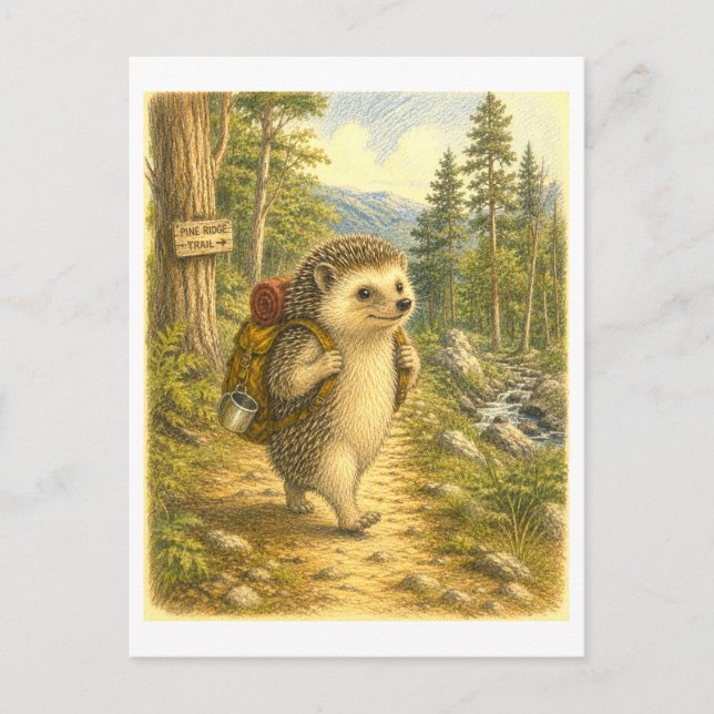 Hedgehog Hiking Illustration Postcard (Front)