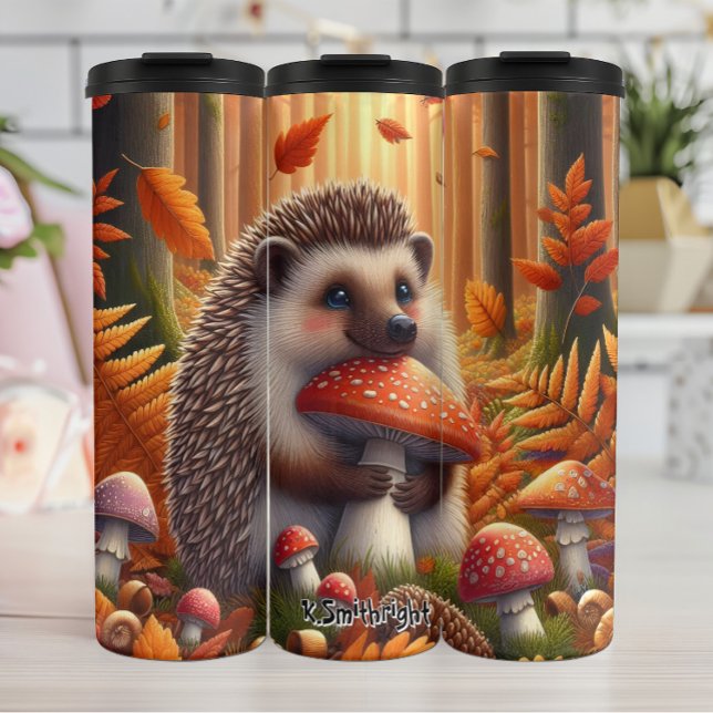 Hedgehog Holding a Mushroom in Autumn Thermal Tumbler (Creator Uploaded)
