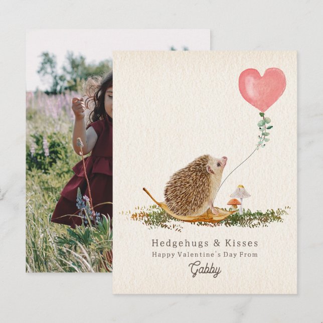 Hedgehog Hugs & Kisses Classroom Valentine Photo Postcard (Front/Back)