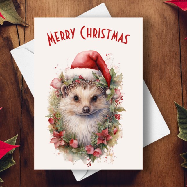 Hedgehog in a Santa Hat Red Poinsettia Christmas Card (Creator Uploaded)