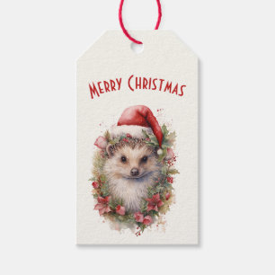 Hedgehog in a Santa Hat Red Poinsettia Christmas Gift Tags