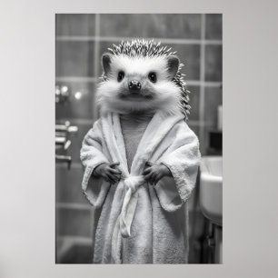 Hedgehog in Bathrobe Art Print, Funny Bathroom Poster