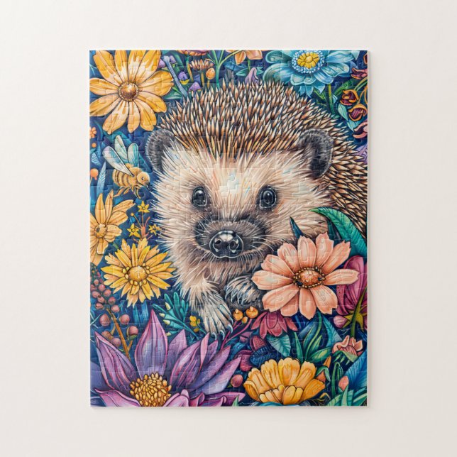 Hedgehog in Blooming Flower Bed Jigsaw Puzzle (Vertical)