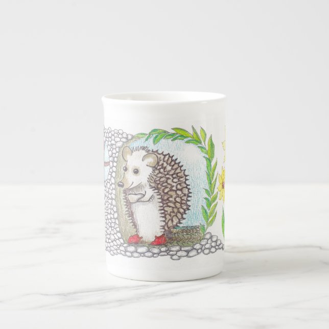Hedgehog in his home bone china mug (Front)
