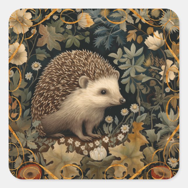 Hedgehog in the Forest William Morris style Square Sticker (Front)