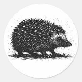 Hedgehog Ink Illustration — Black & White Creature Classic Round Sticker