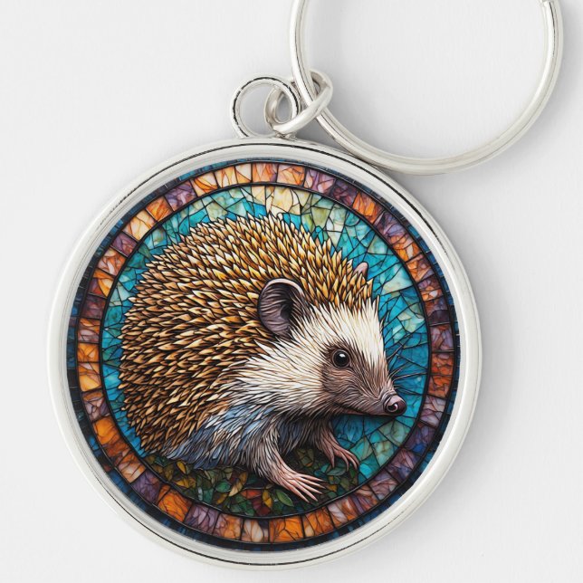 Hedgehog Intricate Stained Glass Art Key Ring (Front)