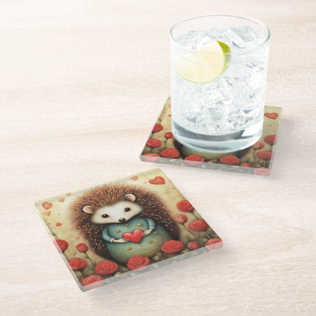 Hedgehog Love 2 Glass Coaster (Angled)