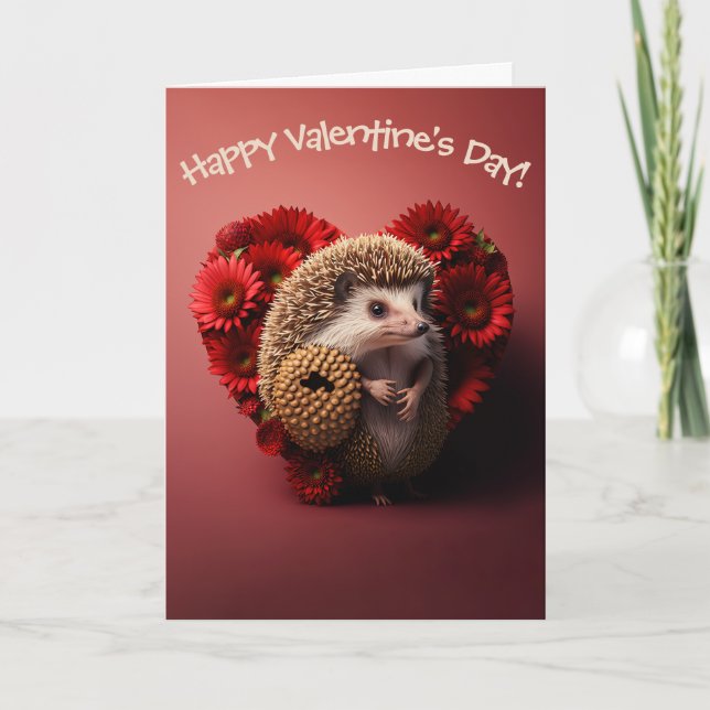 Hedgehog Love with Flowers for Valentine's Day Holiday Card (Front)