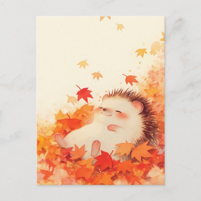 Hedgehog Lying in Autumn Maple Leaves Postcard (Front)
