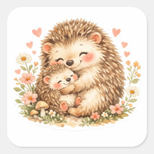 Hedgehog Mum Watercolor Art Square Sticker