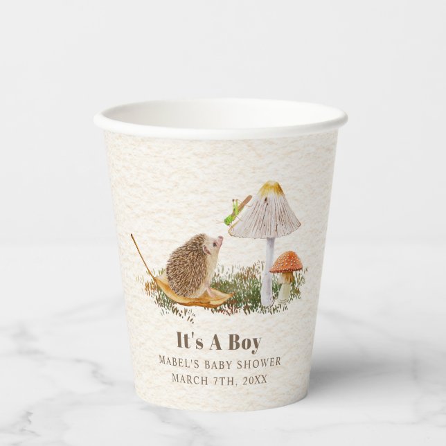 Hedgehog Mushroom Grasshopper Woodland Baby Shower Paper Cups (Front)