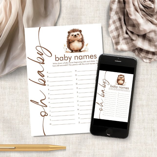 Hedgehog Oh Baby Names Shower Game Card (Creator Uploaded)