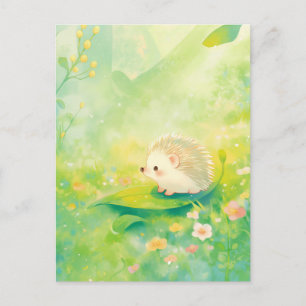 Hedgehog on Green Leaf in Spring Meadow Postcard