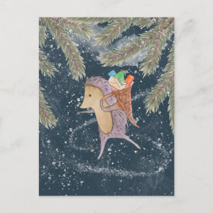 Hedgehog on skis. Basket with gift on the shoulder Postcard