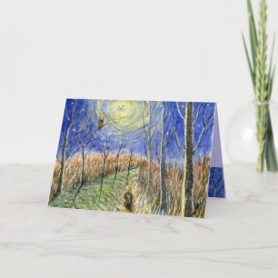 Hedgehog, Owl, Moon and Stars Watercolor Card