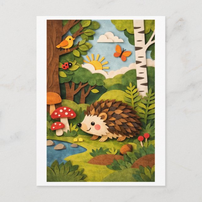 Hedgehog Paper Cutout Collage Postcard (Front)