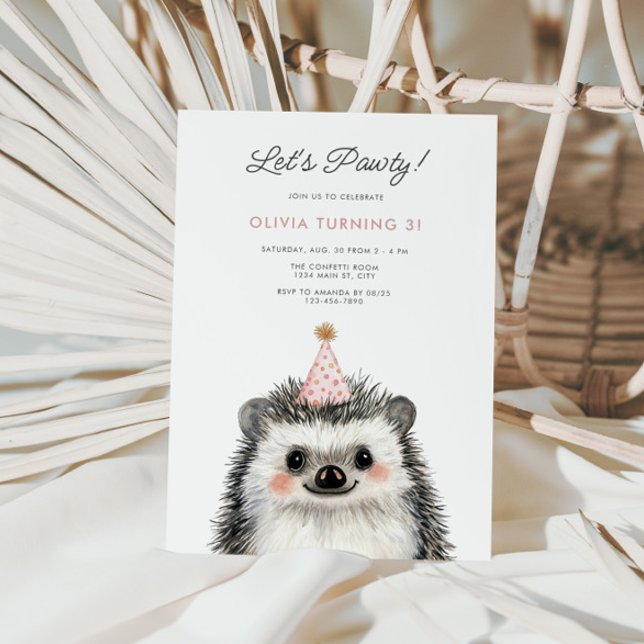 Hedgehog Party Hat Woodland Birthday Invitation (Cute Hedgehog Party Hat Birthday Invite)