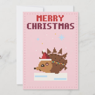 Hedgehog Pink Pixel Art Christmas Card