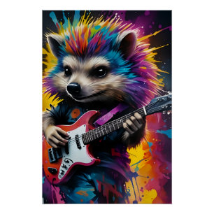 Hedgehog plays the guitar, rock graffiti poster
