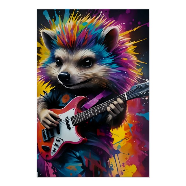 Hedgehog plays the guitar, rock graffiti poster (Front)