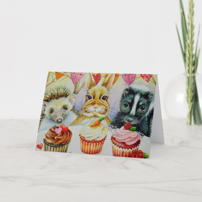 Hedgehog Rabbit Skunk & Cupcakes Watercolor Art Card (Front)
