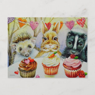 Hedgehog Rabbit Skunk & Cupcakes Watercolor Art Postcard