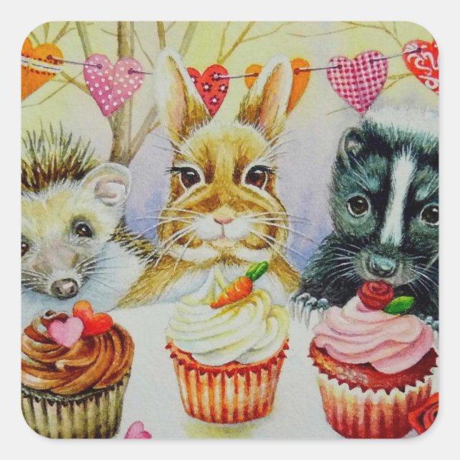 Hedgehog Rabbit Skunk & Cupcakes Watercolor Art Square Sticker (Front)