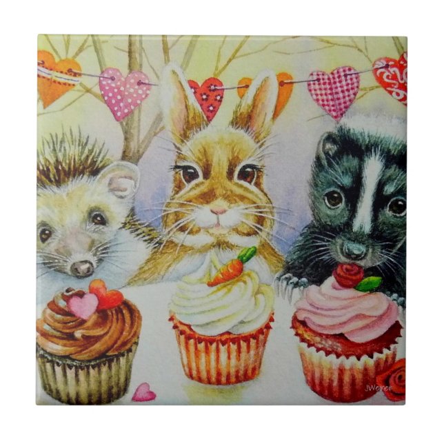 Hedgehog Rabbit Skunk & Cupcakes Watercolor Art Tile (Front)