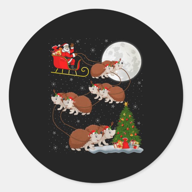 Hedgehog Santa Sleigh Flying Funny Magical Christm Classic Round Sticker (Front)
