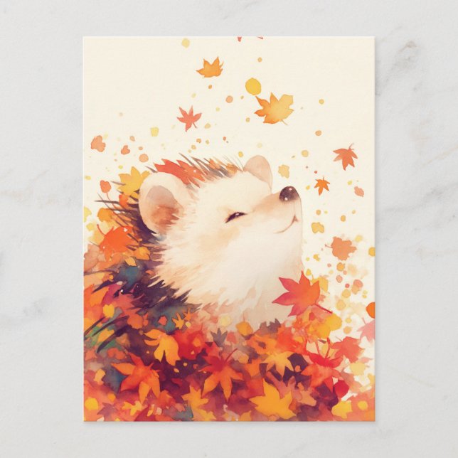 Hedgehog Smiling in Autumn Maple Leaf Postcard (Front)