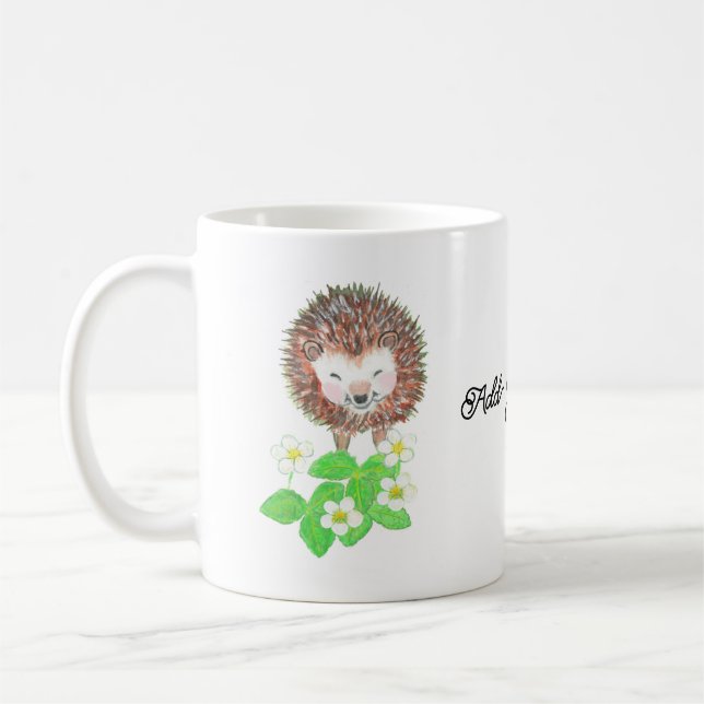 Hedgehog & Strawberry Flowers Personalised Happy Coffee Mug (Left)