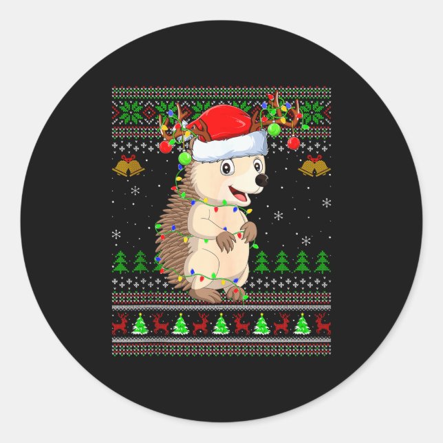 Hedgehog Ugly Christmas Sweaters Holiday Santa Cut Classic Round Sticker (Front)