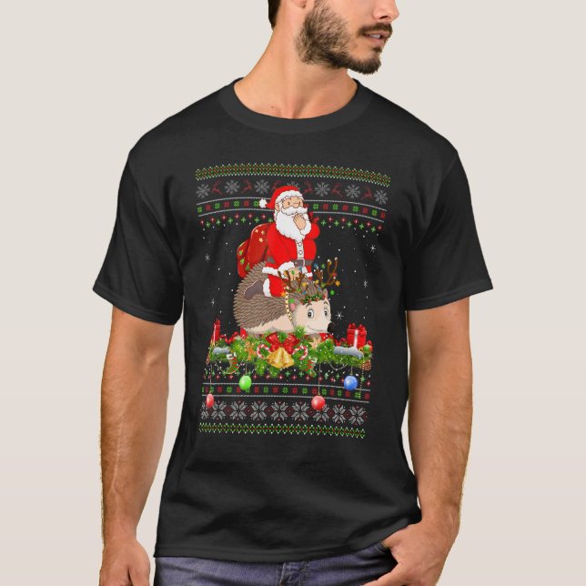 Hedgehog   Ugly Santa Riding Hedgehog Christmas T-Shirt (Front)