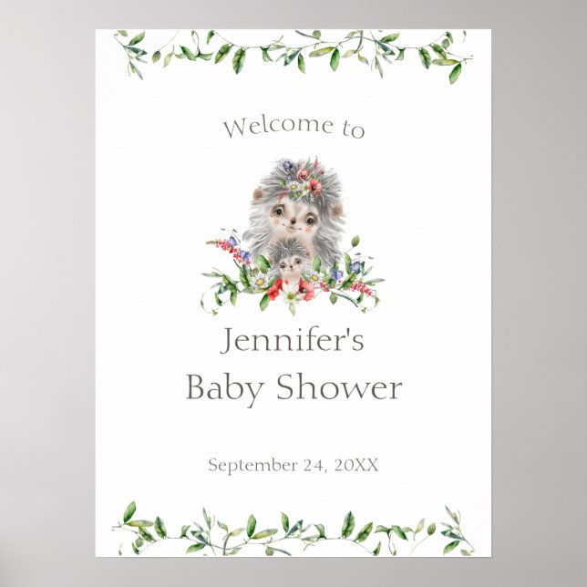 Hedgehog Watercolor Floral Baby Shower Welcome Poster (Front)