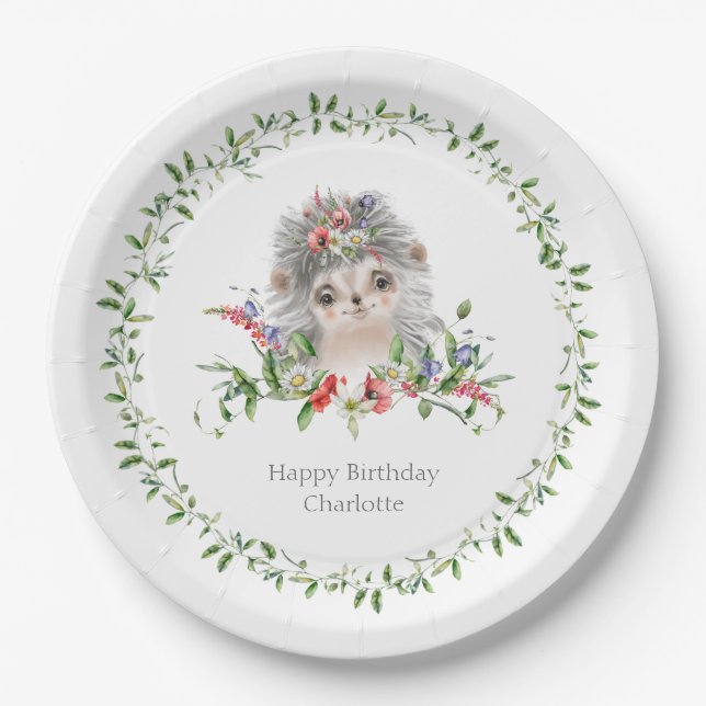 Hedgehog Watercolor Floral Personalised Paper Plat Plate (Front)