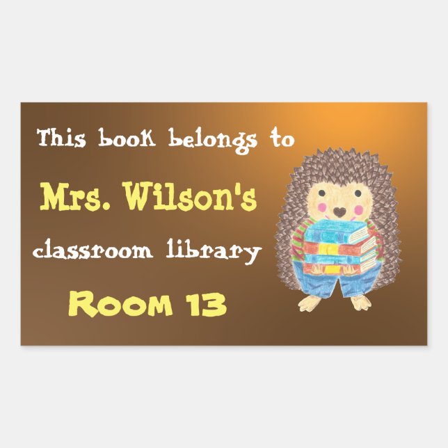 Hedgehog with Books Classroom Library Bookplates Rectangular Sticker (Front)