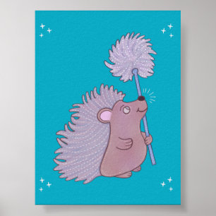 Hedgehog with Dandelion Cute Folk Art Nature Poster
