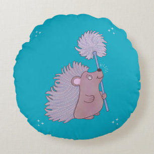 Hedgehog with Dandelion Cute Folk Art Nature Round Cushion