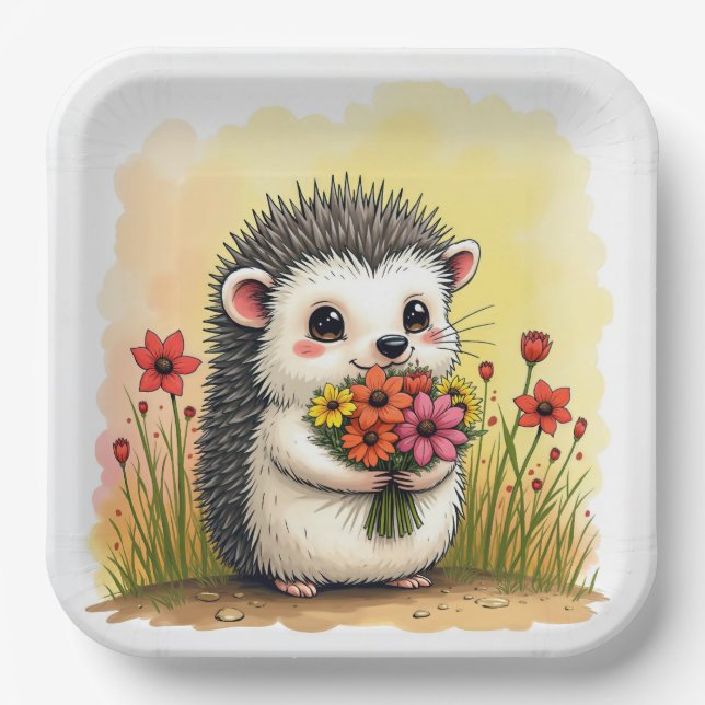 Hedgehog With Flower Bouquet Paper Plate (Front)