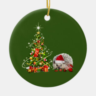 Hedgehog With Hat LIGHTS Christmas Ceramic Tree Decoration