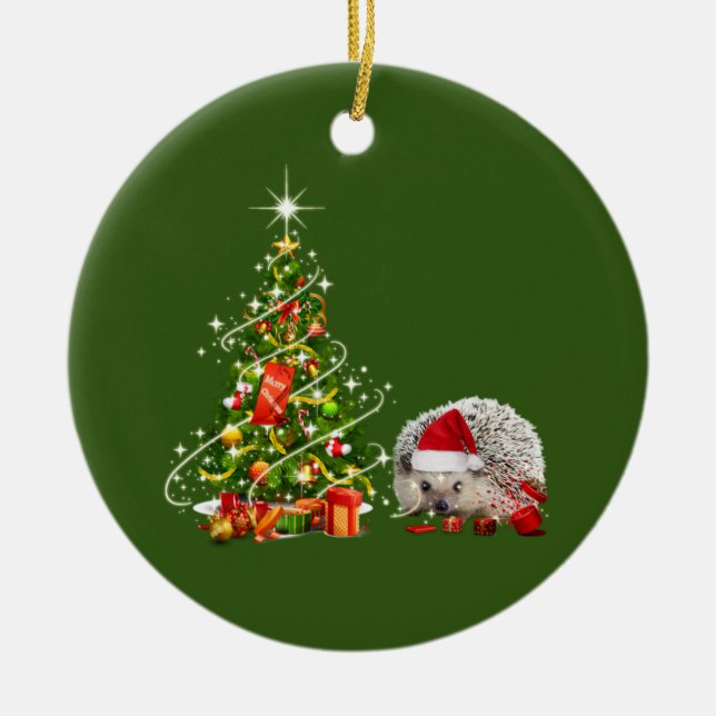 Hedgehog With Hat LIGHTS Christmas Ceramic Tree Decoration (Front)