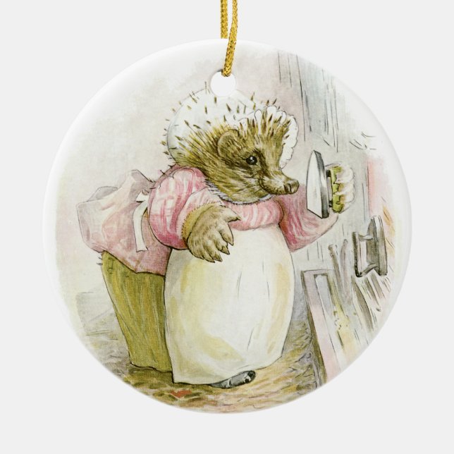 Hedgehog with Iron Mrs Tiggy-Winkle Ceramic Tree Decoration (Front)