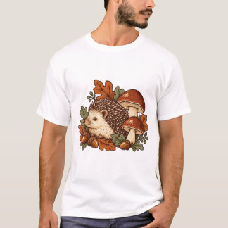 Hedgehog with Mushrooms and Autumn Leaves T-Shirt