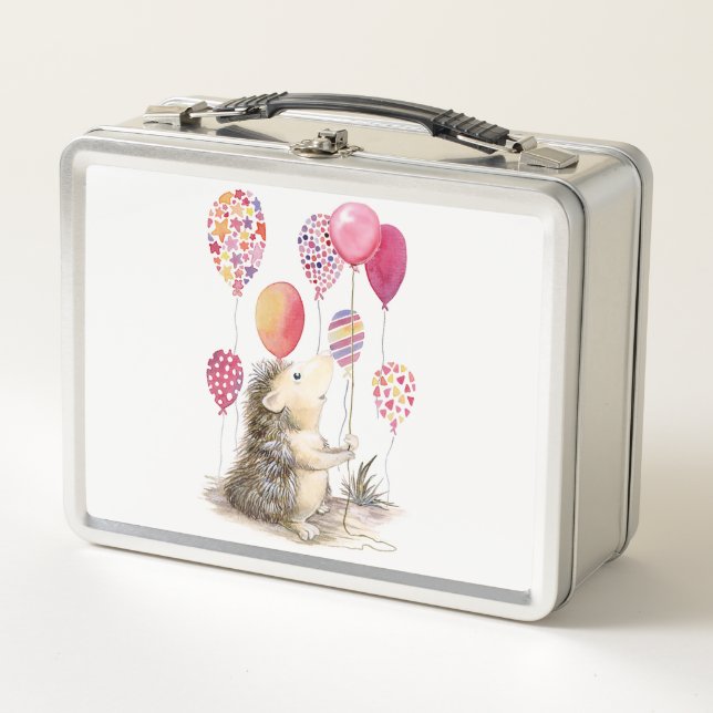 Hedgehog with pink balloons  metal lunch box (Front)