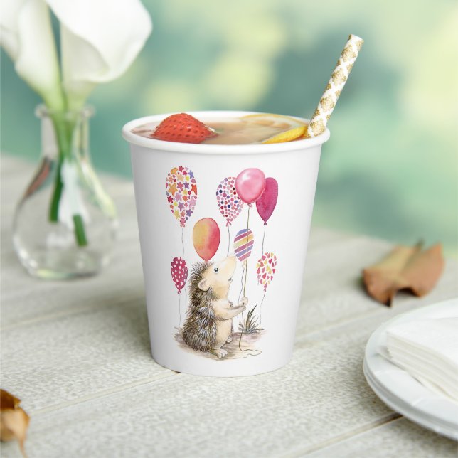 Hedgehog with pink balloons  paper cups (Insitu)