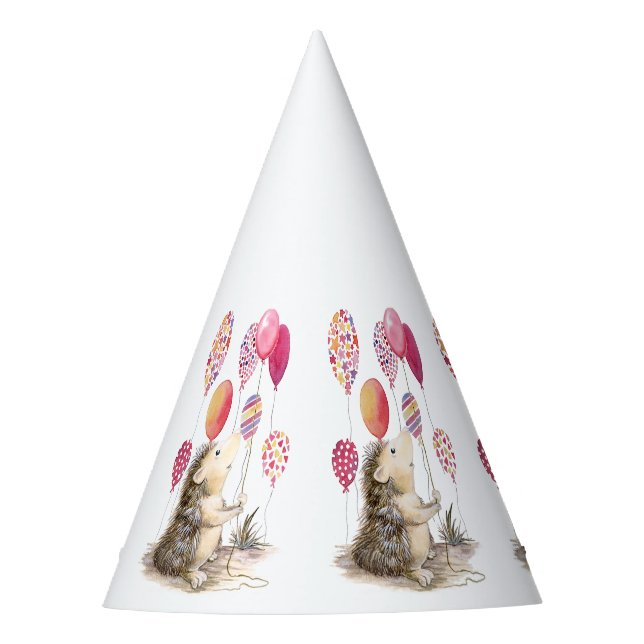 Hedgehog with pink balloons  party hat (Front)