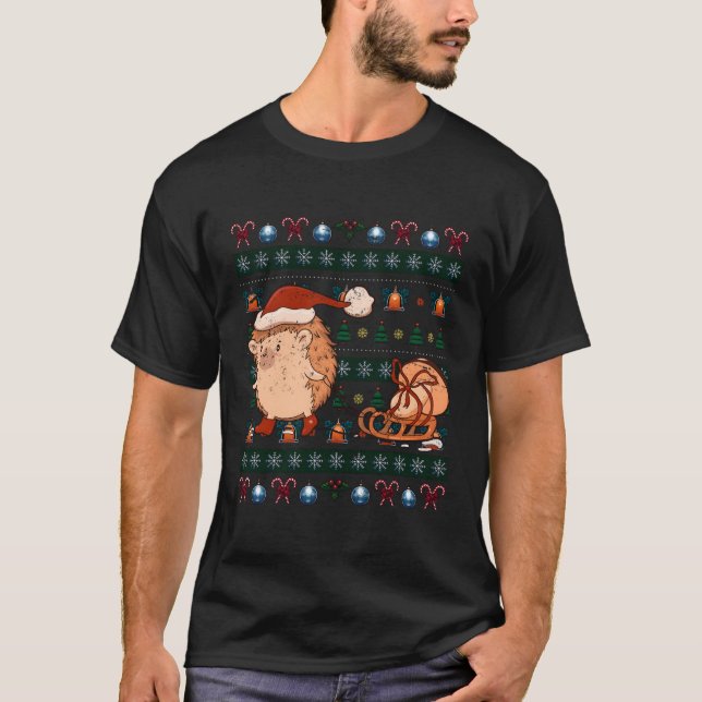 Hedgehog Xmas Gift Cute Animal Ugly Christmas T-Shirt (Front)